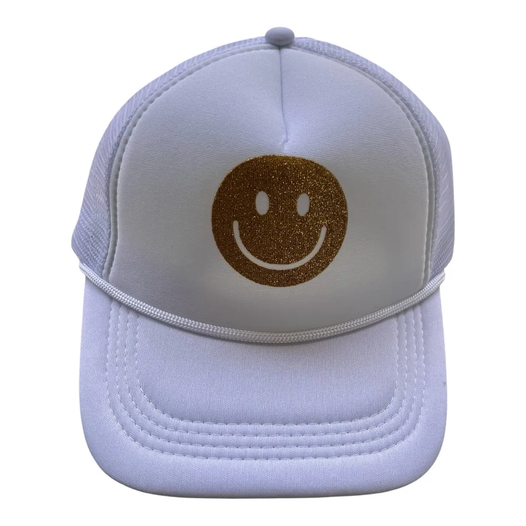 White Trucker Hat with Gold Smiley Face - Image 4
