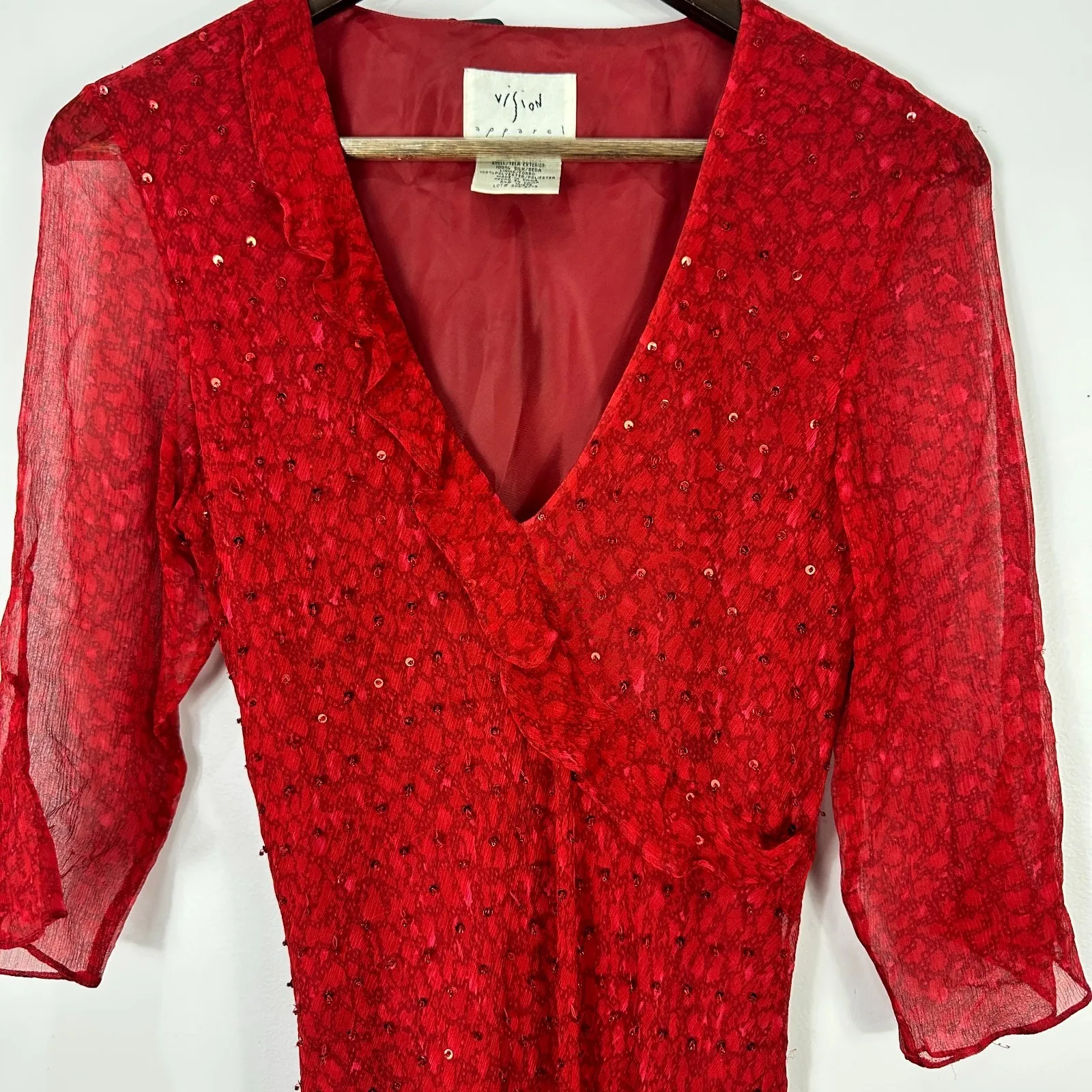 Vision Apparel Dress 6 Red Silk Sequin Sheer Sleeve Midi Gown‎ Y2K Vintage Glam - Image 9