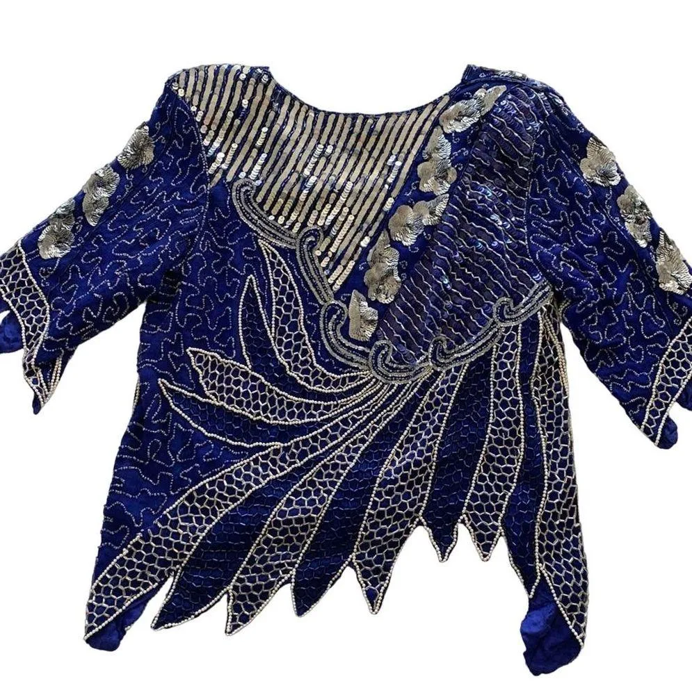 Vintage Royal Blue Pure Silk Beaded Pearl & Silver Sequins V - Image 7