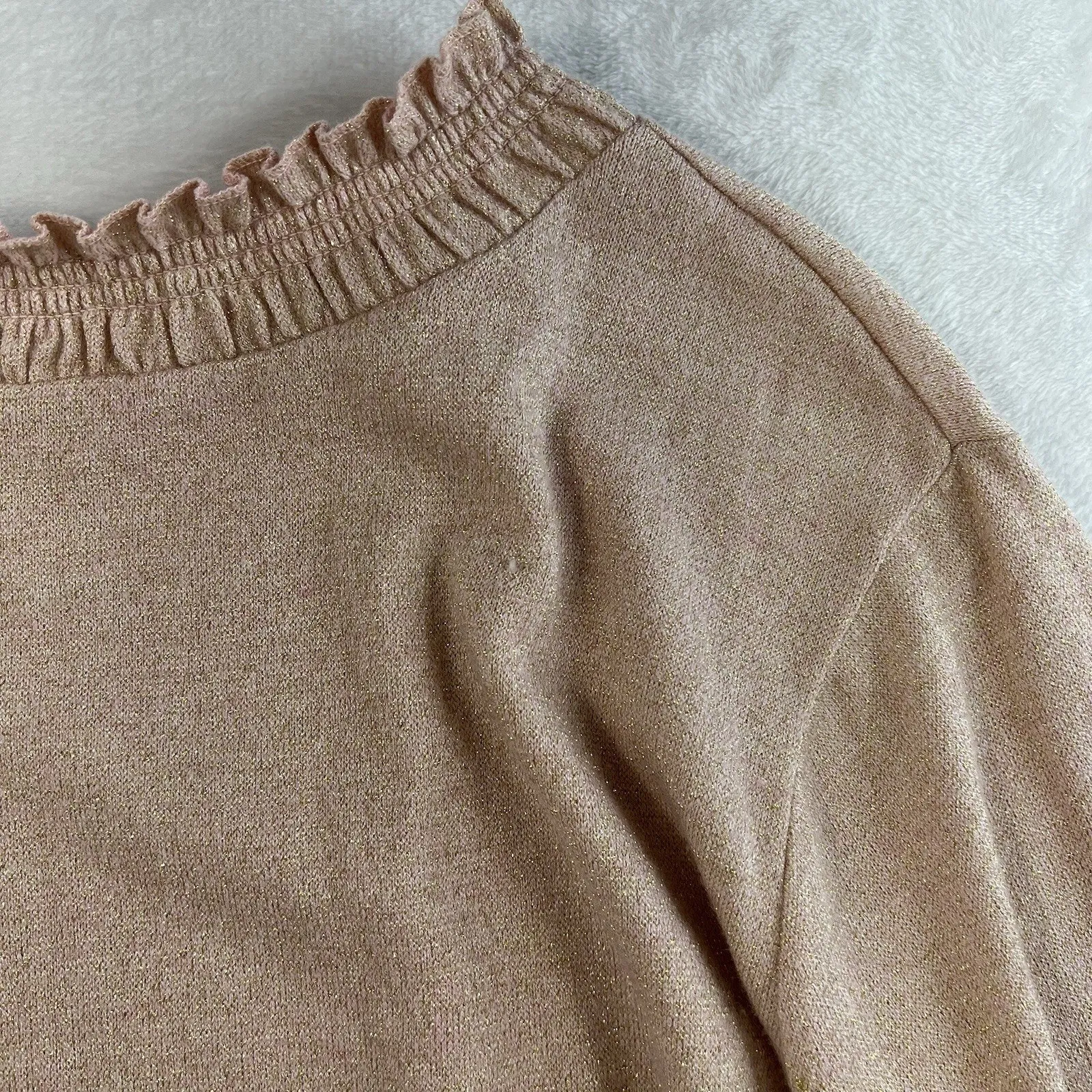 TALBOTS Plus 3X Sparkle Knit Ruffle Mock Neck Sweater Balloon Sleeve Blush Pink - Image 4
