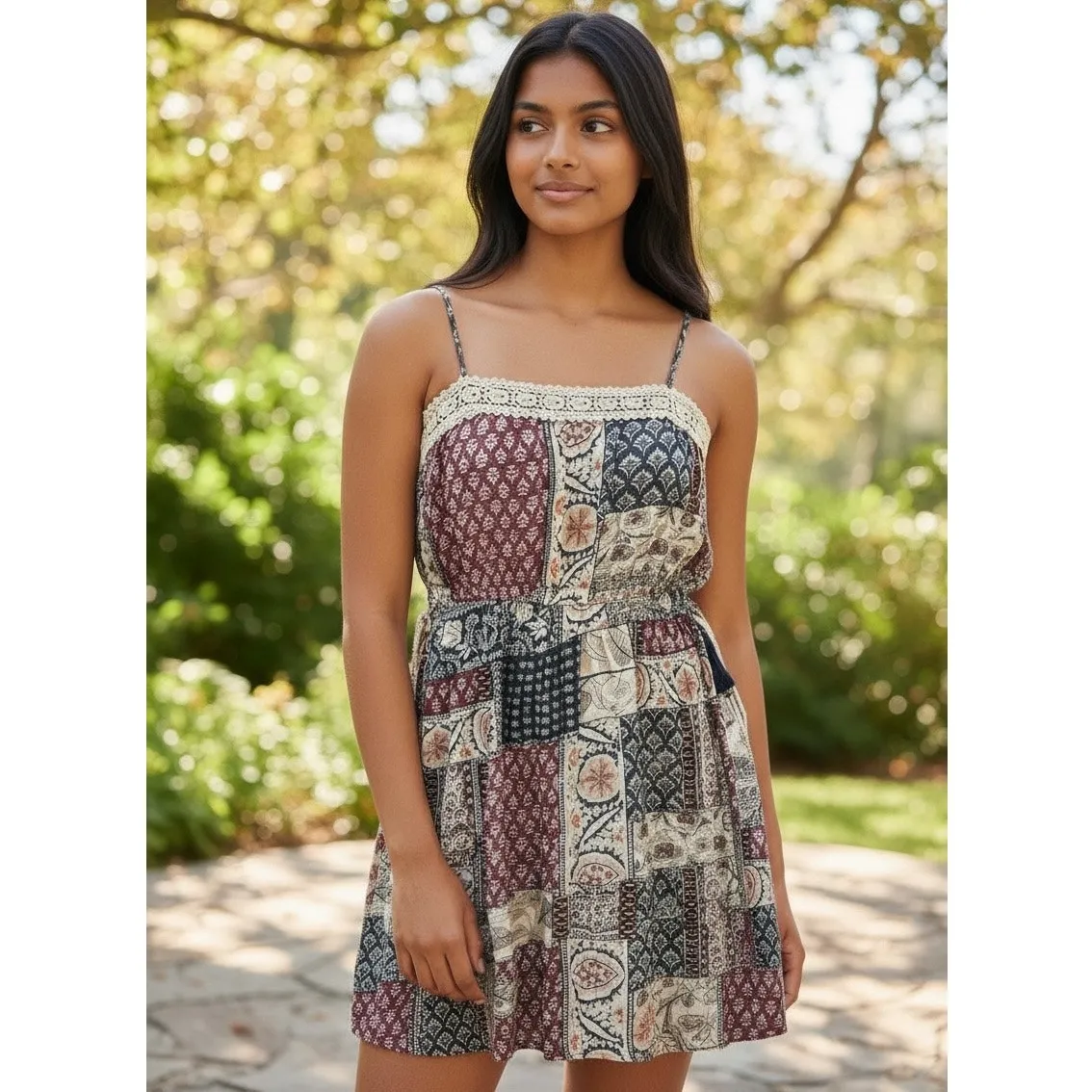 Earthbound Boho Flare Patchwork Mini Sundress Size Large Festival Cottagecore Tan - Image 11