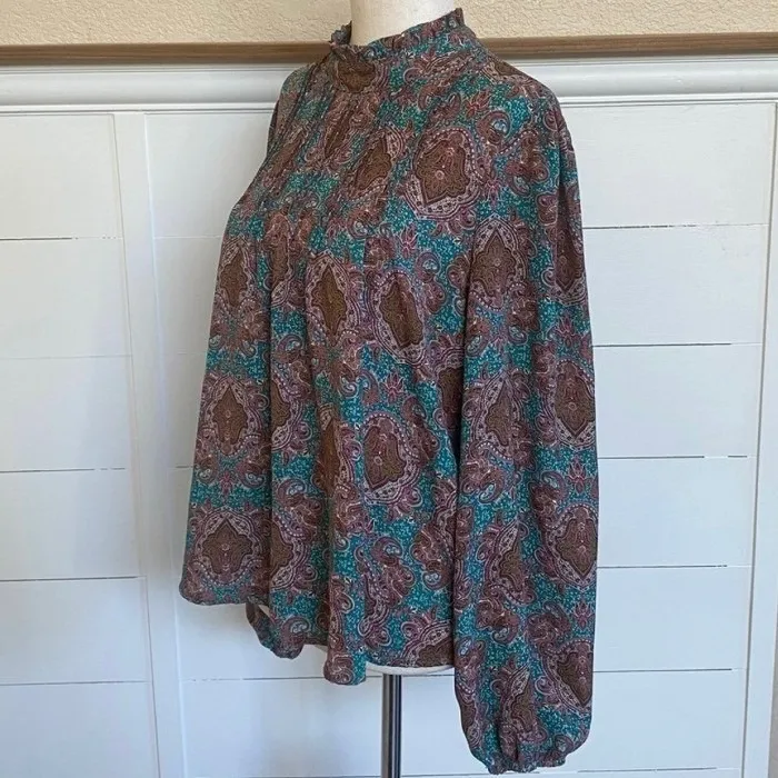 Joie Balloon Sleeve Mock Neck Pleated Bodice Keyhole Blouse Teal/Brown M - Image 9