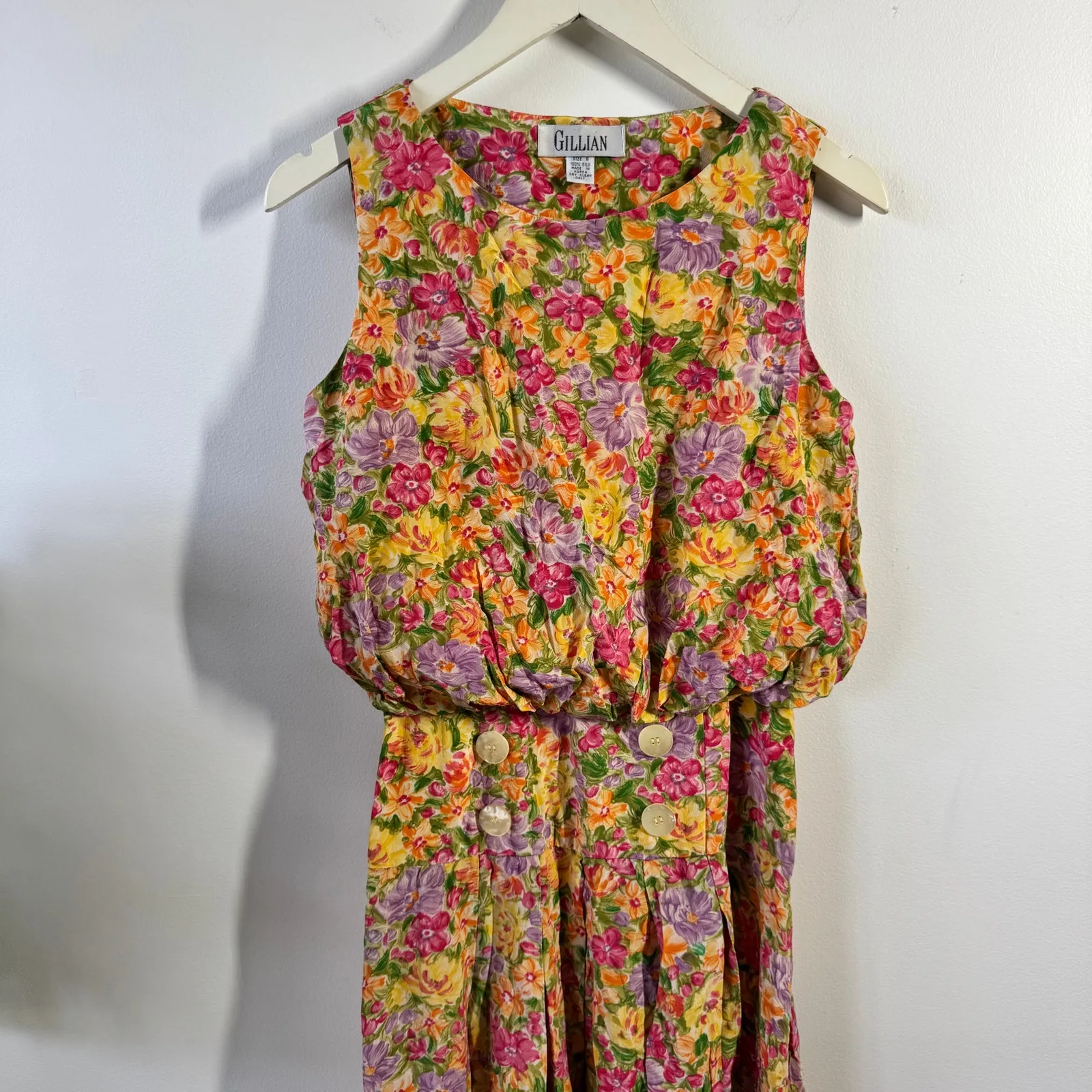 Gillian Dress Women 6 Yellow Pink Floral Vintage 80s Midi Sun Dress 100% Silk - Image 3