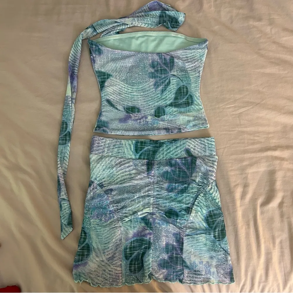 Small Blue 2 Piece Matching Set, Mini Skort & Scarf Crop Tube Top - Image 9