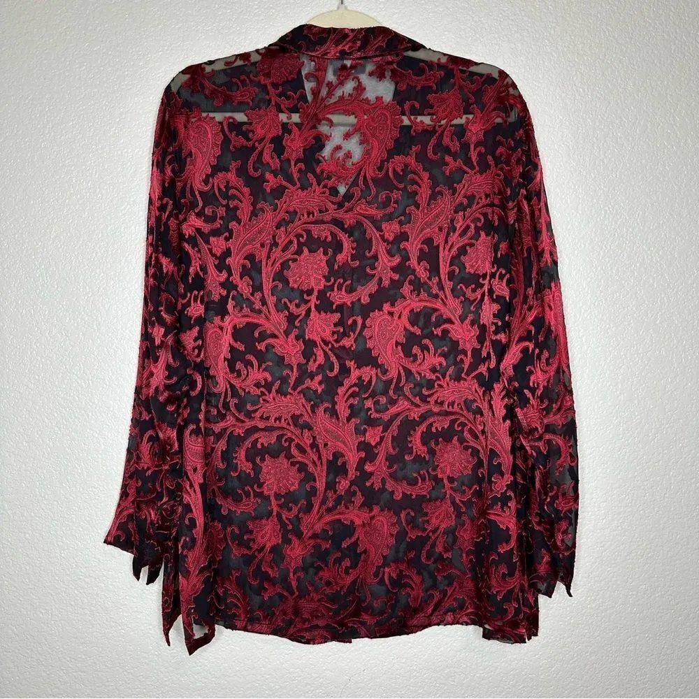 Chico’s Silk Blend Red Burnout Button Front Long Sleeves Tunic Shirt - Image 7
