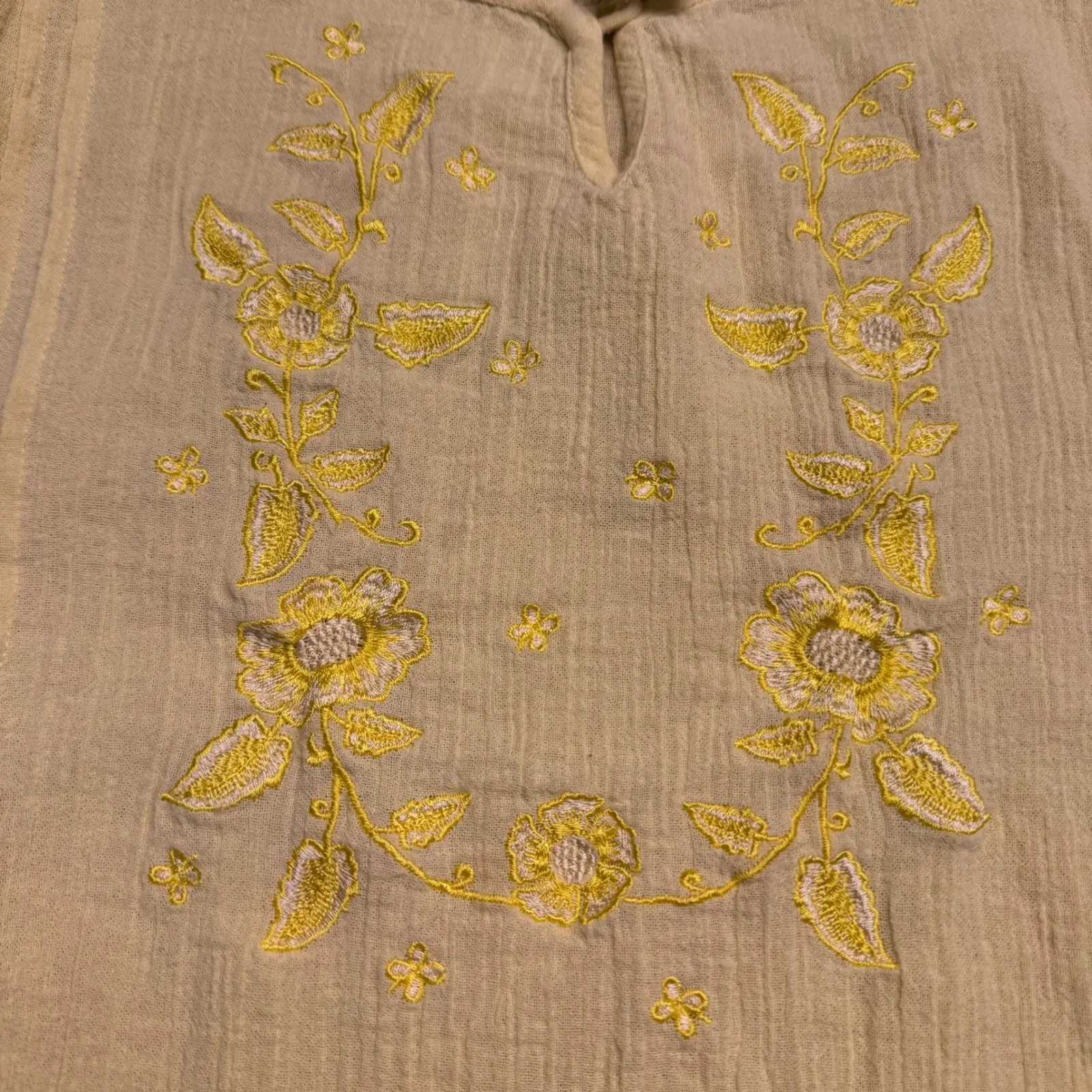 Country Store Yellow Floral Embroidered Cotton Gauze Tunic Top Women's Medium - Image 2