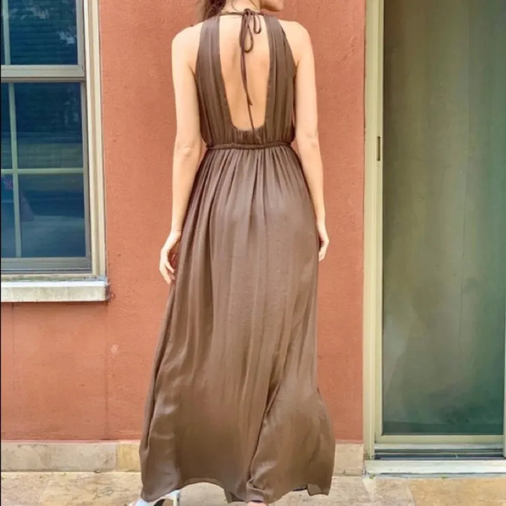 Zara Empire Waist Brown Satin Open Back Slit Maxi Dress Size XS - Image 13