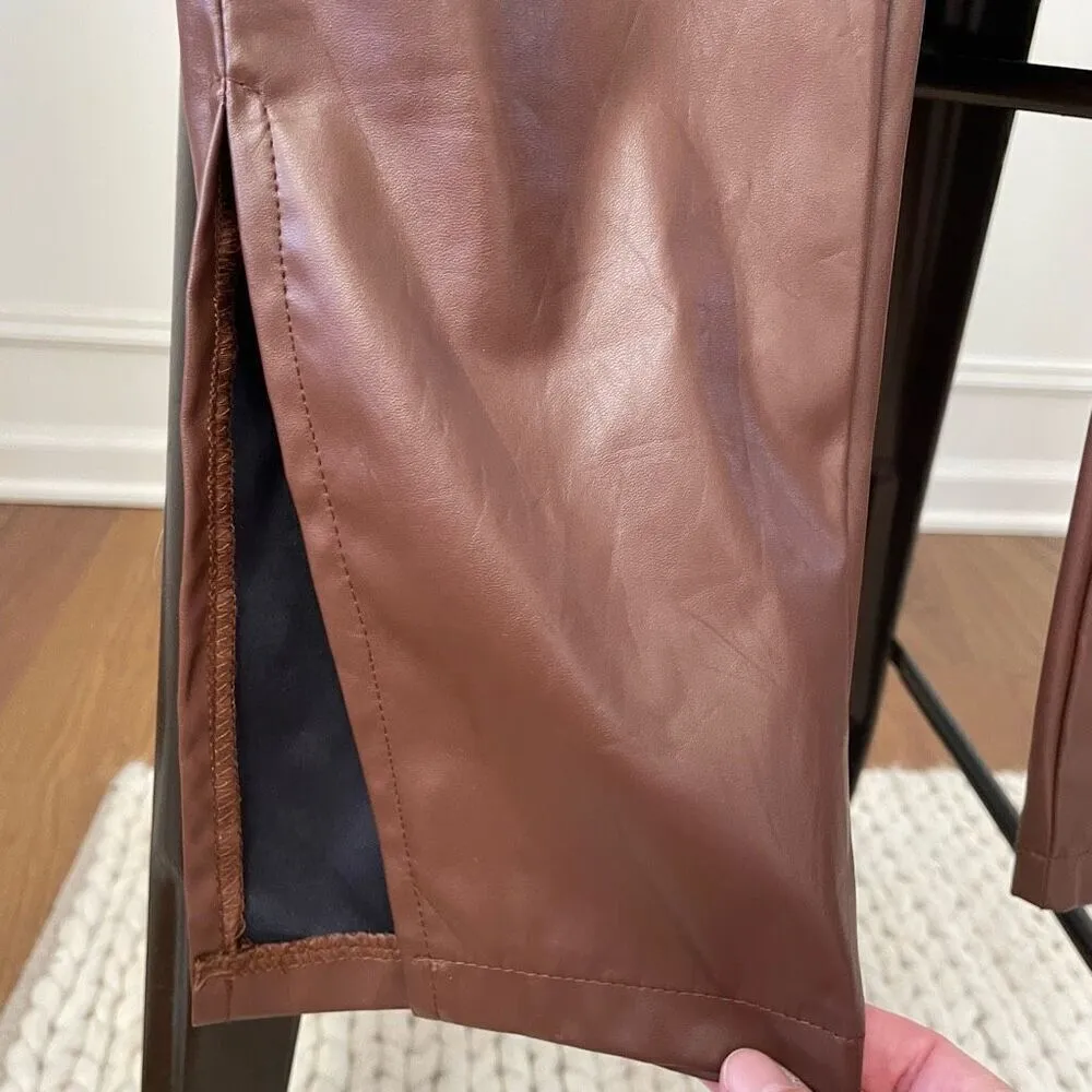 S Betro Faux Vegan Leather Brown Side Zip Pants M Long 34” - Image 4