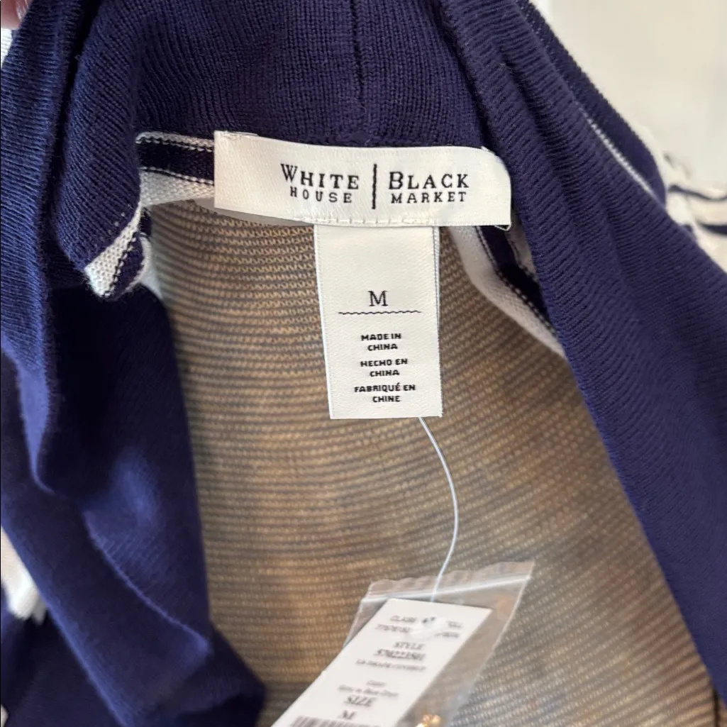 White House Black Market Navy and White Open Front Knit long Cardigan Sweater - Image 7