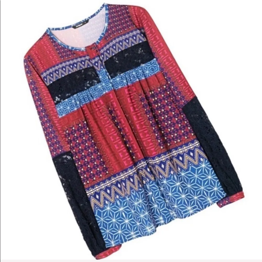 𑁍 Mona Fucsias Boho Lace Sleeve Printed Button Down Shirt 𑁍 Blue Pink - Image 10