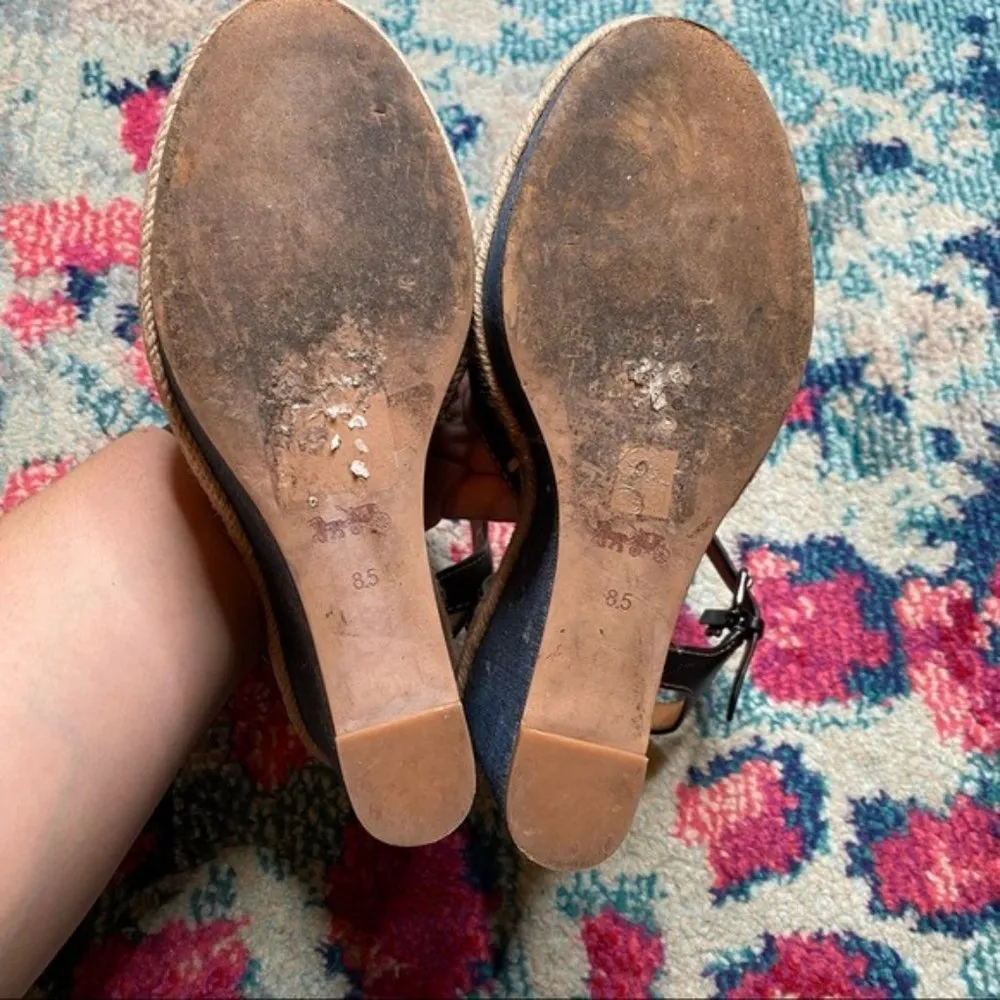 Coach Eaton Black Leather Denim Wedge Sandals Size 8.5 - Image 5