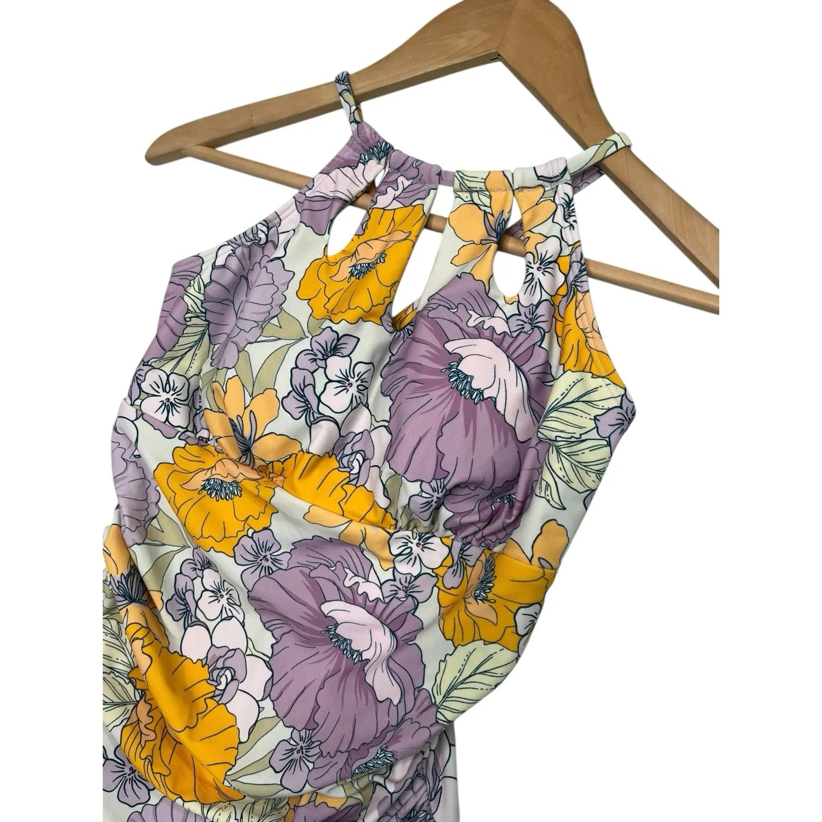 New Cupshe One Piece Swimsuit Womens Medium Purple Floral Halter Ruched Beach - Image 7