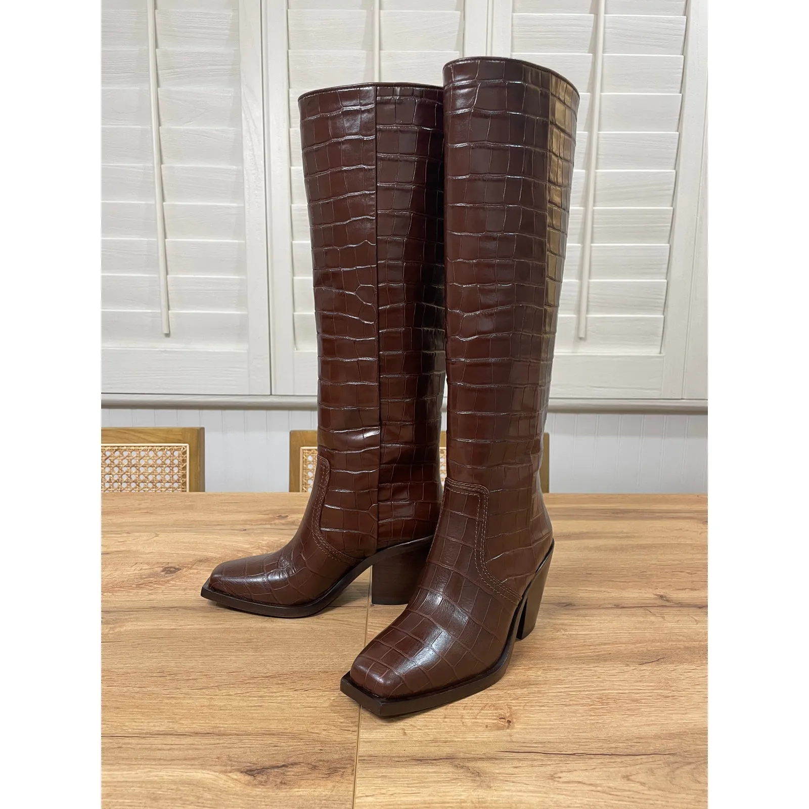 Loeffler Randall Lynn Snip Toe Croc Embossed Block Heel Boots Leather Sz 5.5 NIB - Image 4