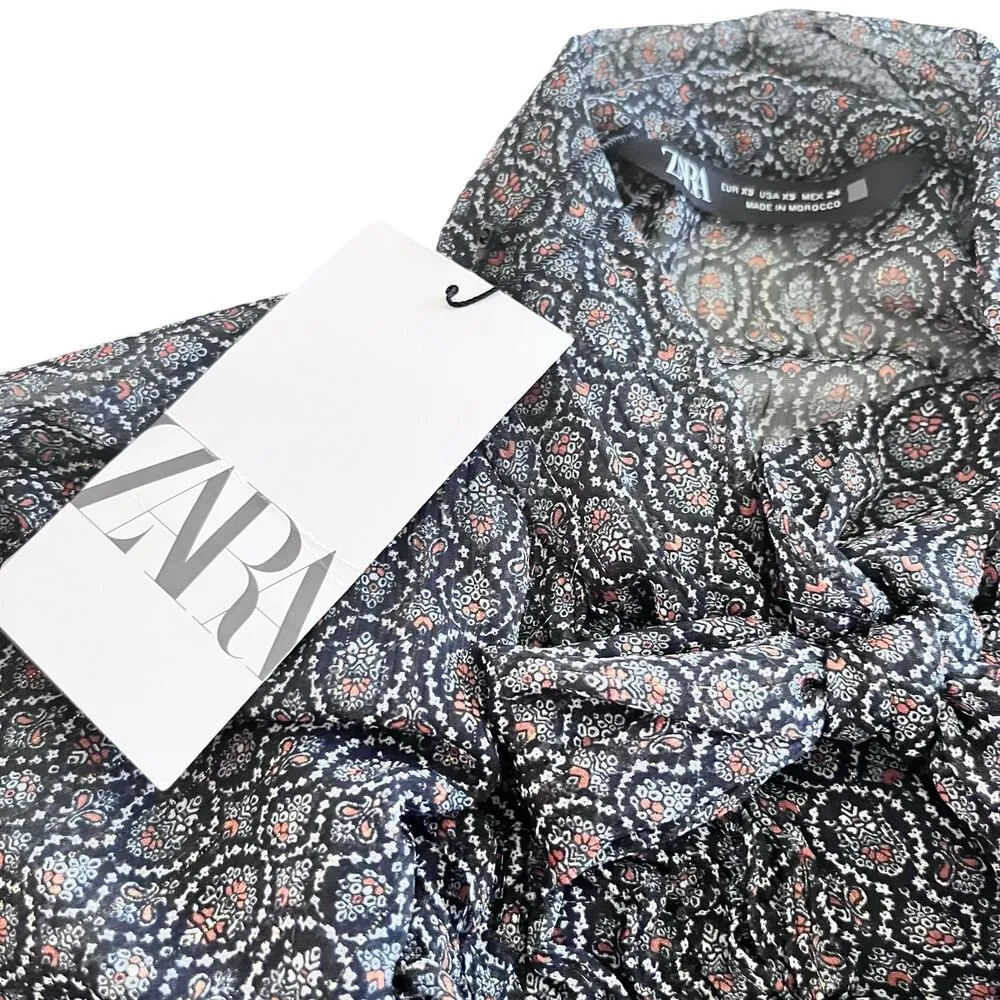 Zara Black Printed Chiffon Tie Neck Long Sleeve Sheer Romper Size XS NWT - Image 6