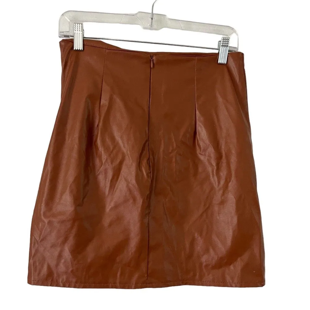 Shein Brown Ruched Knee Length Vegan Leather Skirt Women’s Size 6 - Image 3