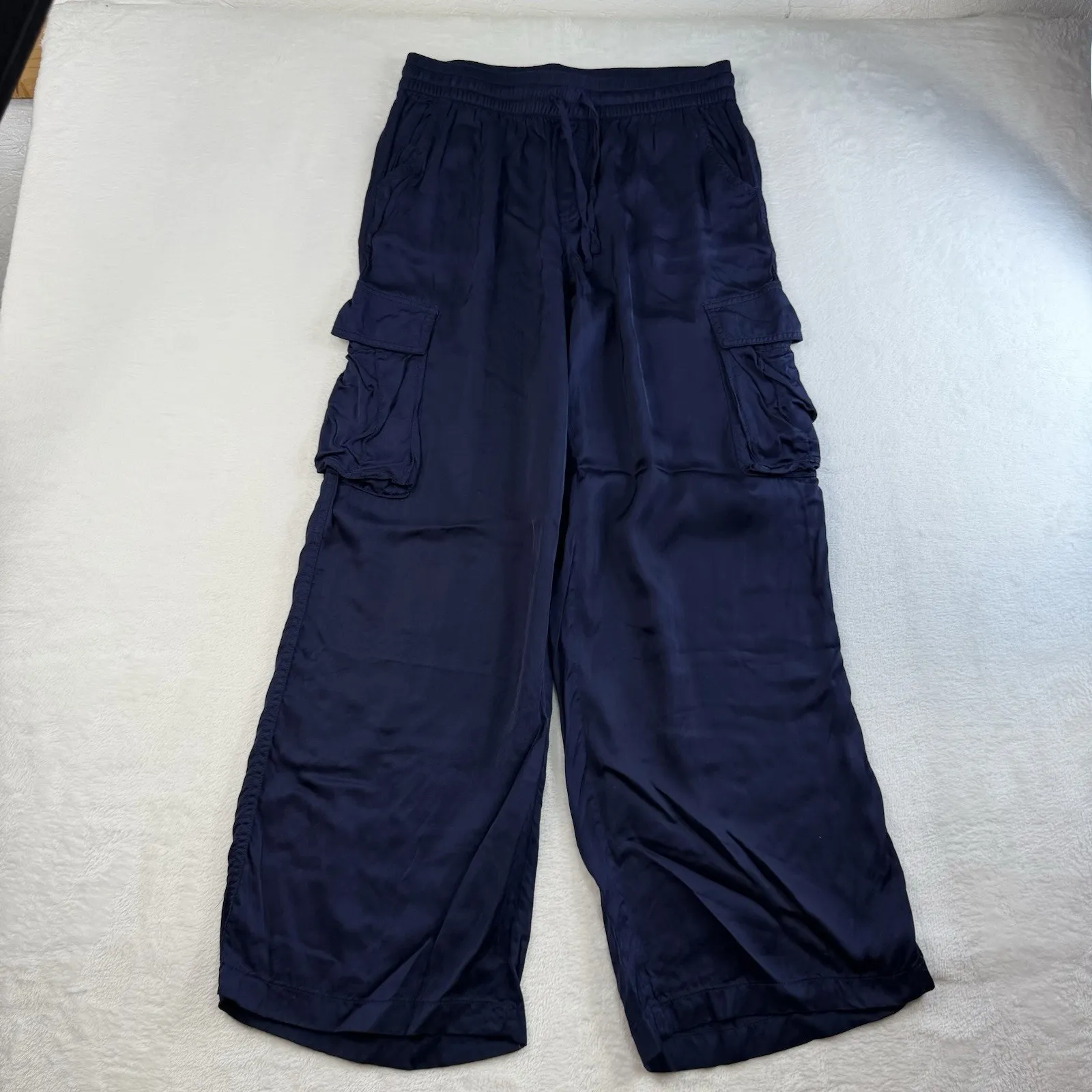 Aerie Sz S Satin Wide Leg Shine Cargo Skater Pants Navy Blue Baggy Grunge Boho - Image 3