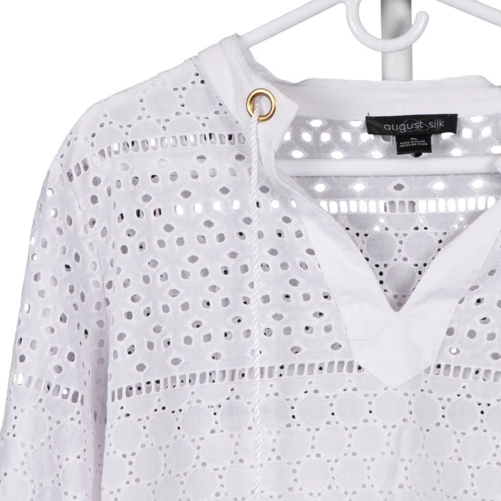 August Silk Eyelet Blouse XL Women White VNeck Long Tunic Cover Up Cotton CutOut - Image 2