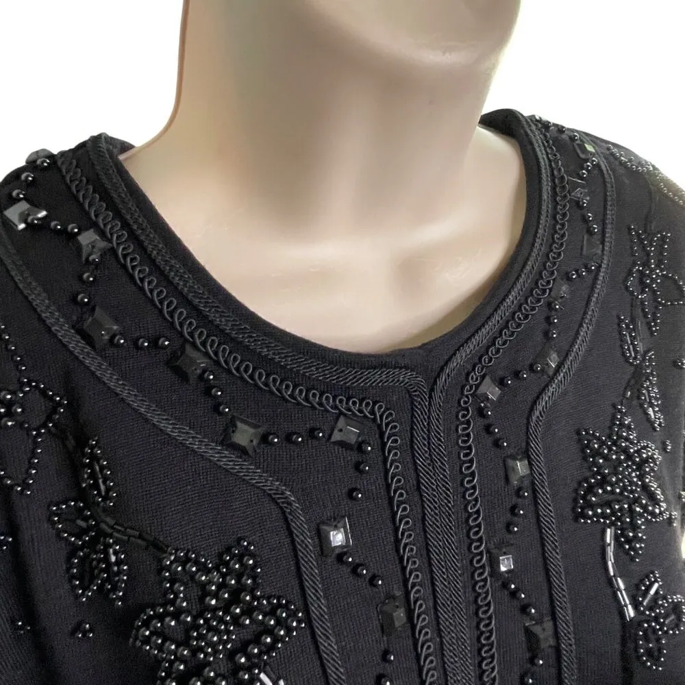 Vintage Liz Claiborne Black Beaded Sweater Dress Size Med u Knee Length Modest - Image 9