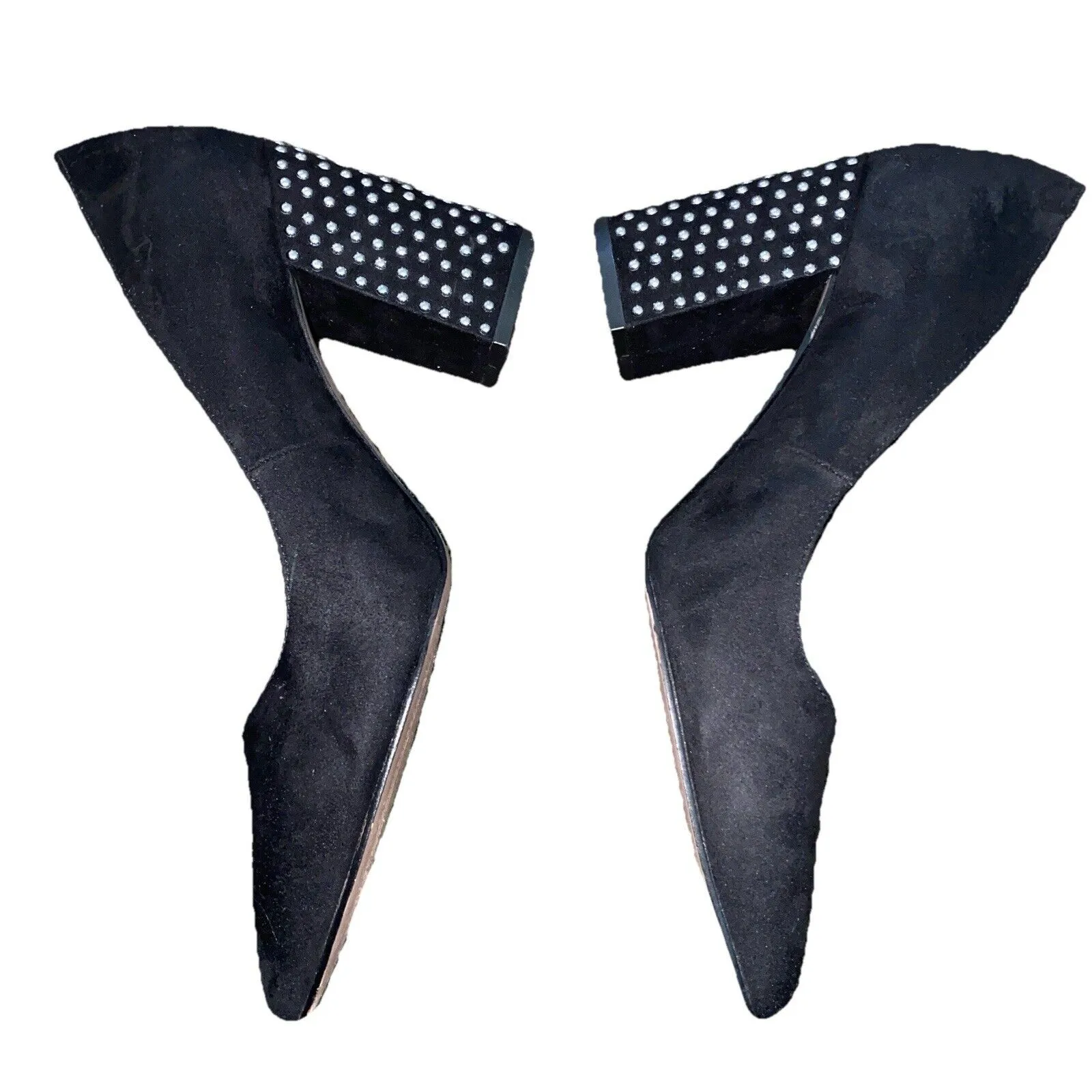 Jessica Simpson Black Studded Laydee Pumps Block Heel Faux Suede Pointed Toe 8 - Image 4