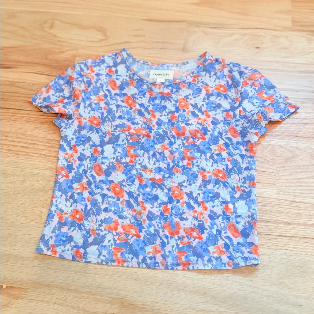 Open Edit Floral Print Mesh Crop Top - Image 2