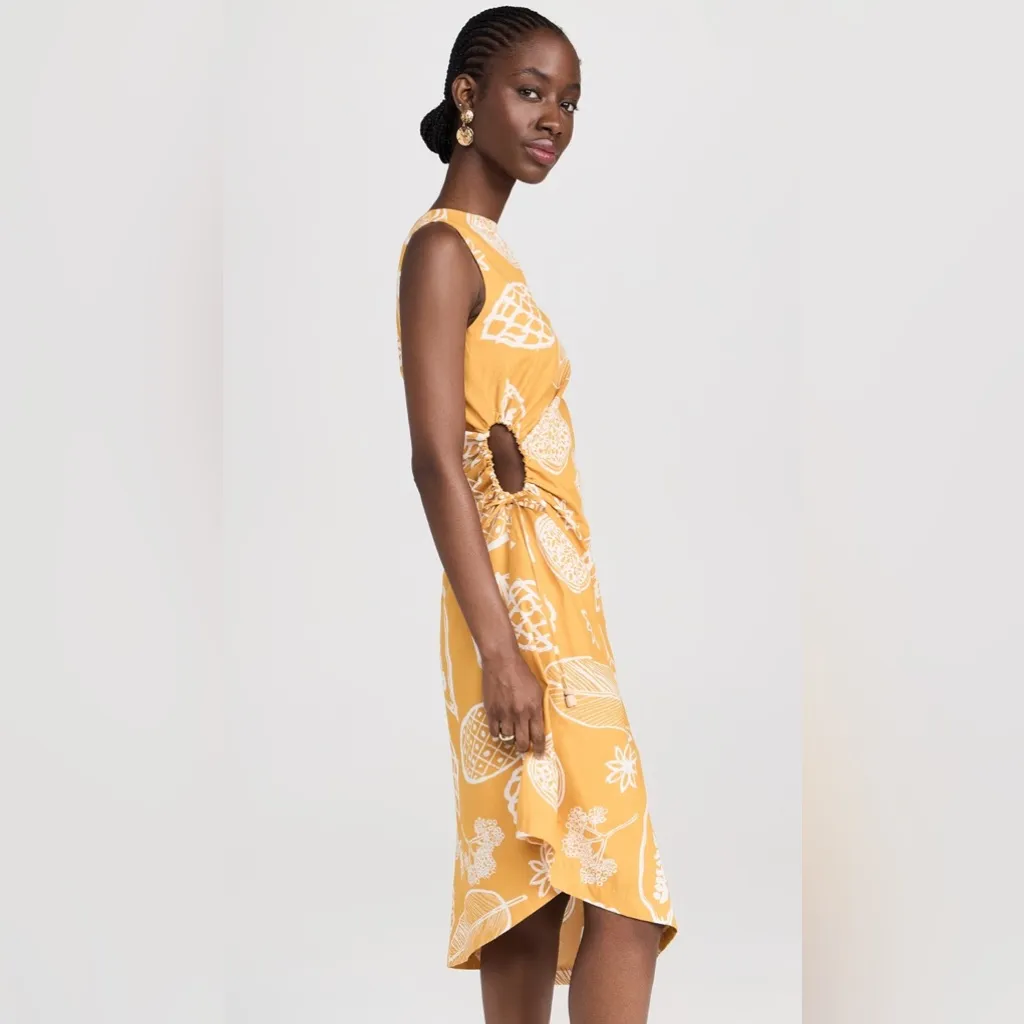 En Saison Paz Midi Dress in Tropical Fruit Print Asymmetrical Yellow S Orange Size 8 - Image 4