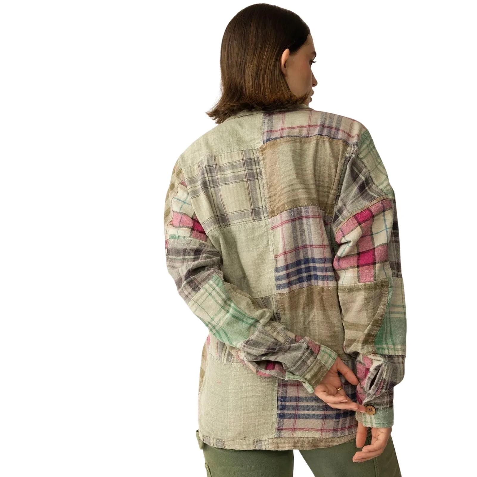 NWT Boutique Boho Boone Trail Stitch Shacket in Patchwork Plaid Petal Green - Image 2