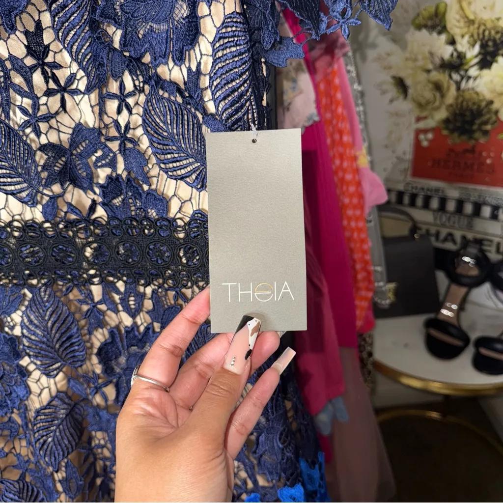 Theia Ultramarine Lace Midi Dress With Nude Lining Womens 14 New NWT Blue - Image 7