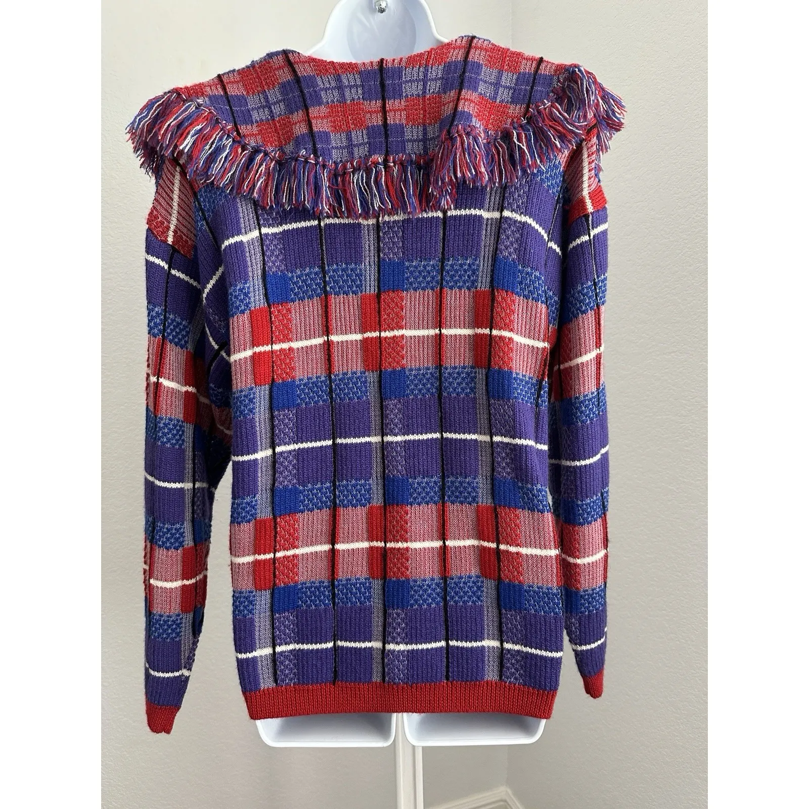 Vintage GENE EWING BIS WOMAN Hong Kong Red Purple Fringe CARDIGAN Sweater (b26) Size 0P - Image 2