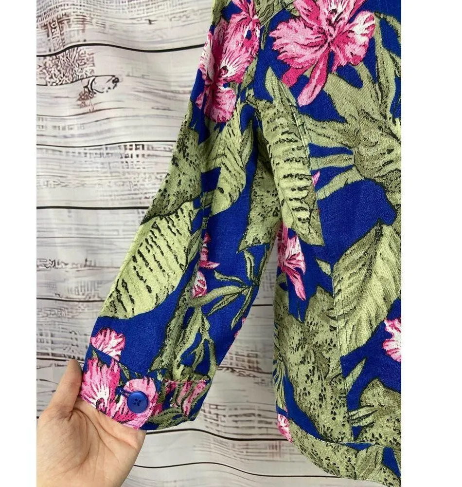 Chicos 1 Tahiti Tropis Linen Jacket Women M Button Front Side Pocket Long Sleeve - Image 5