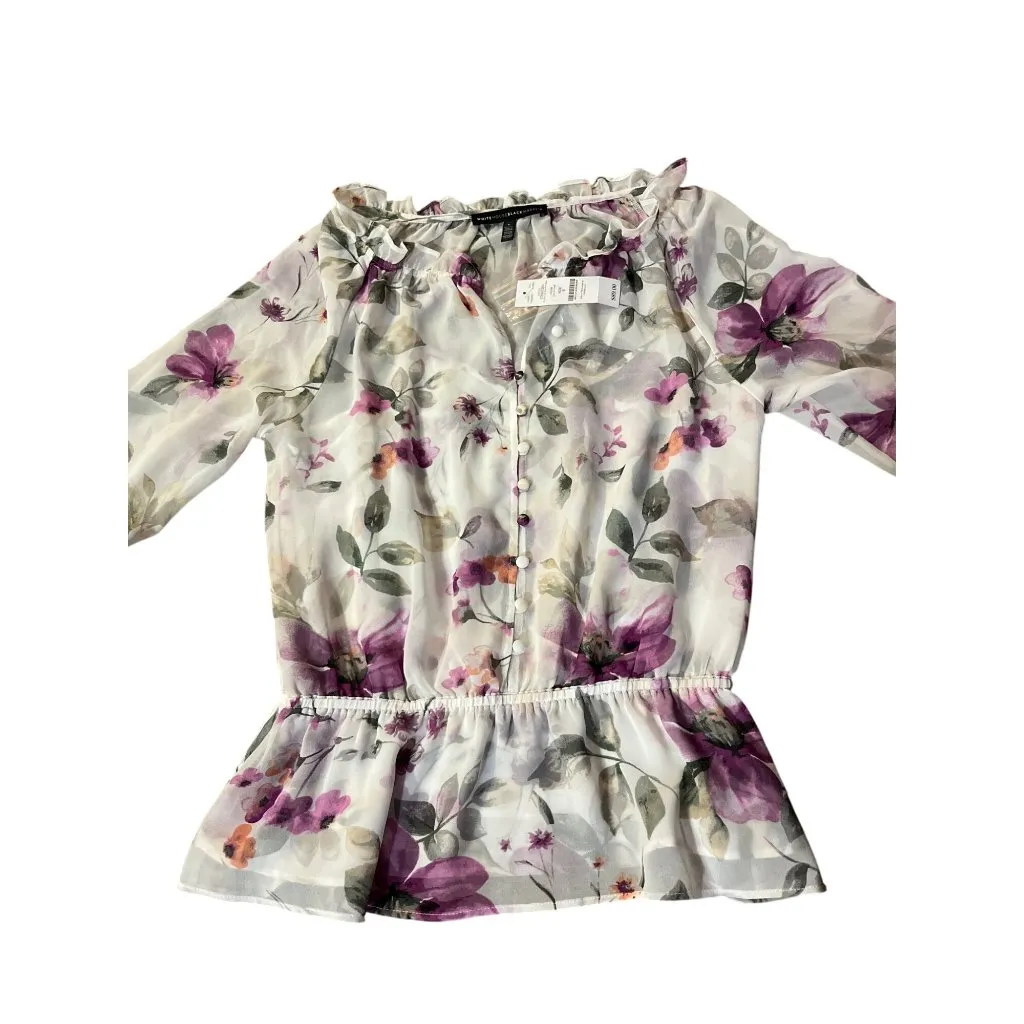 White House Black Market Womens 6 Floral Blouse Ecru Violet Ruffle + Tank NWT - Image 3