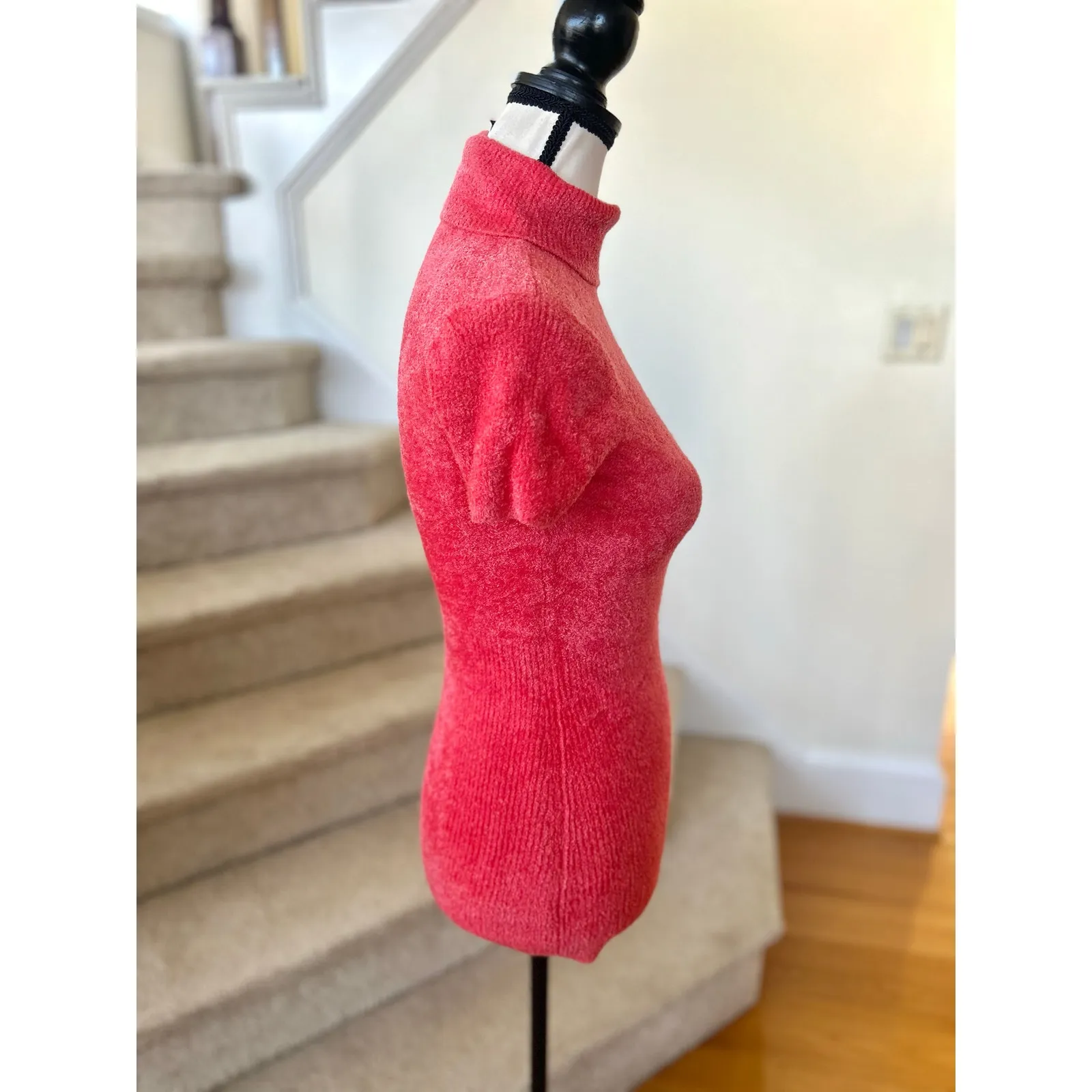 Vintage Y2K Cache Hot Pink Fleece Short Sleeve Turtleneck Baby Doll Preppy - Image 3