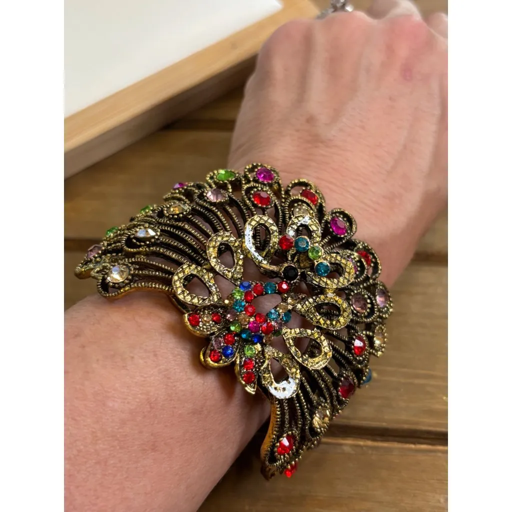 Vintage Gold Tone Multicolor Rhinestone Filigree Cuff Bracelet - Image 4