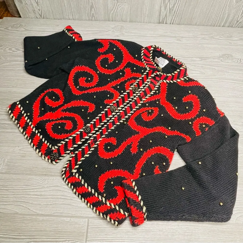 Gantos Vintage Embroidered Black Floral long sleeve Sweater Cardigan 2 red swirl - Image 3