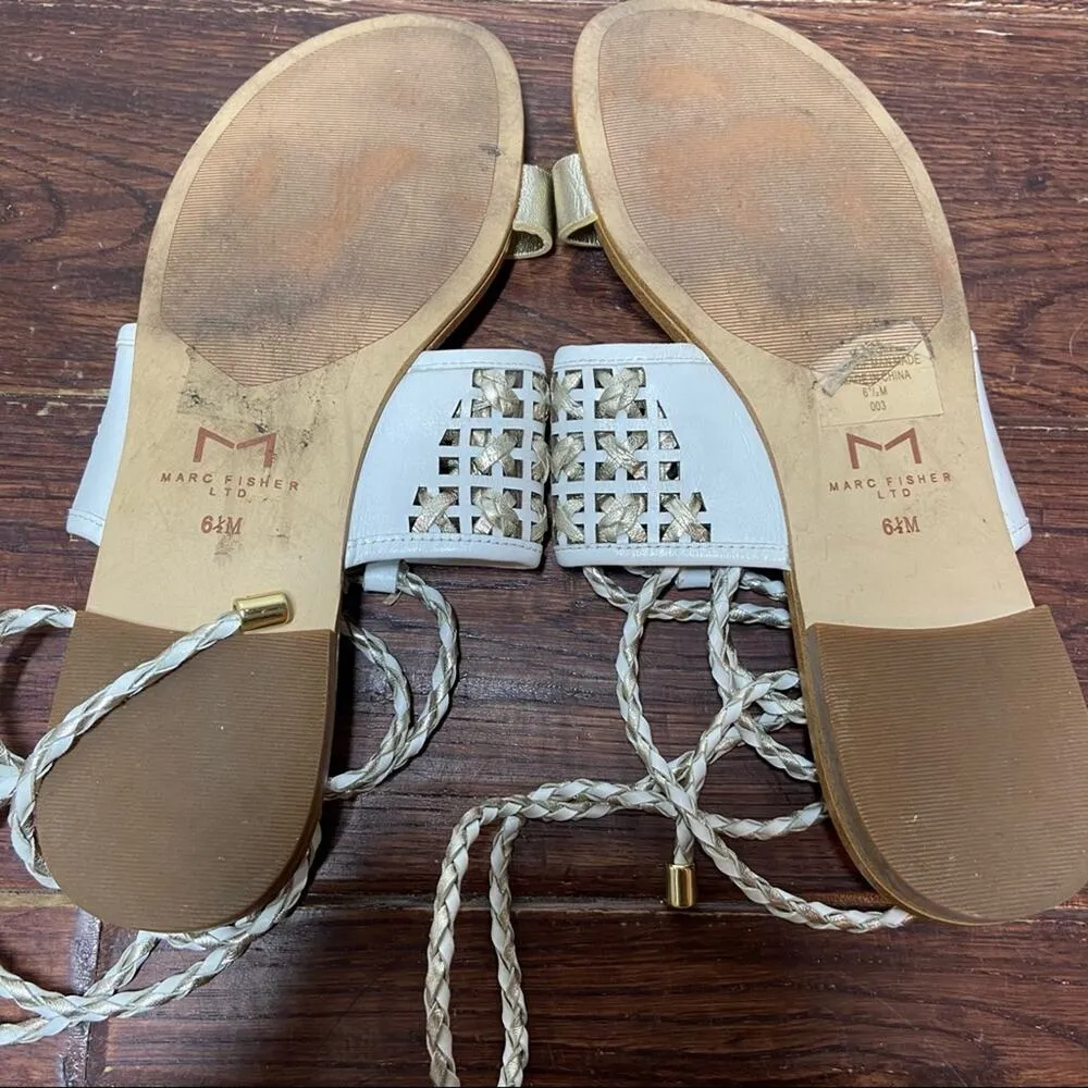 Marc Fisher Wrap Sandals Leather Cross Hatch Braided Gold White 6.5 - Image 4