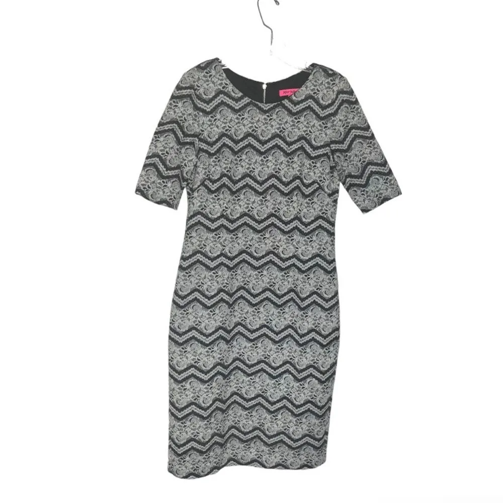 BETSEY JOHNSON Dress Jacquard Textured Sheath Textured Black Grey Womens Size 8 - Image 5