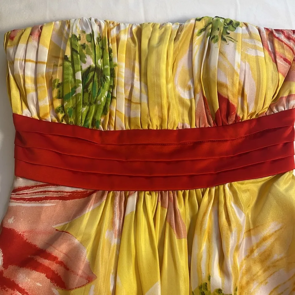 BCBG Paris 100% Silk Strapless Yellow Red Floral Lined Mini Dress Empire Waist 2 - Image 5