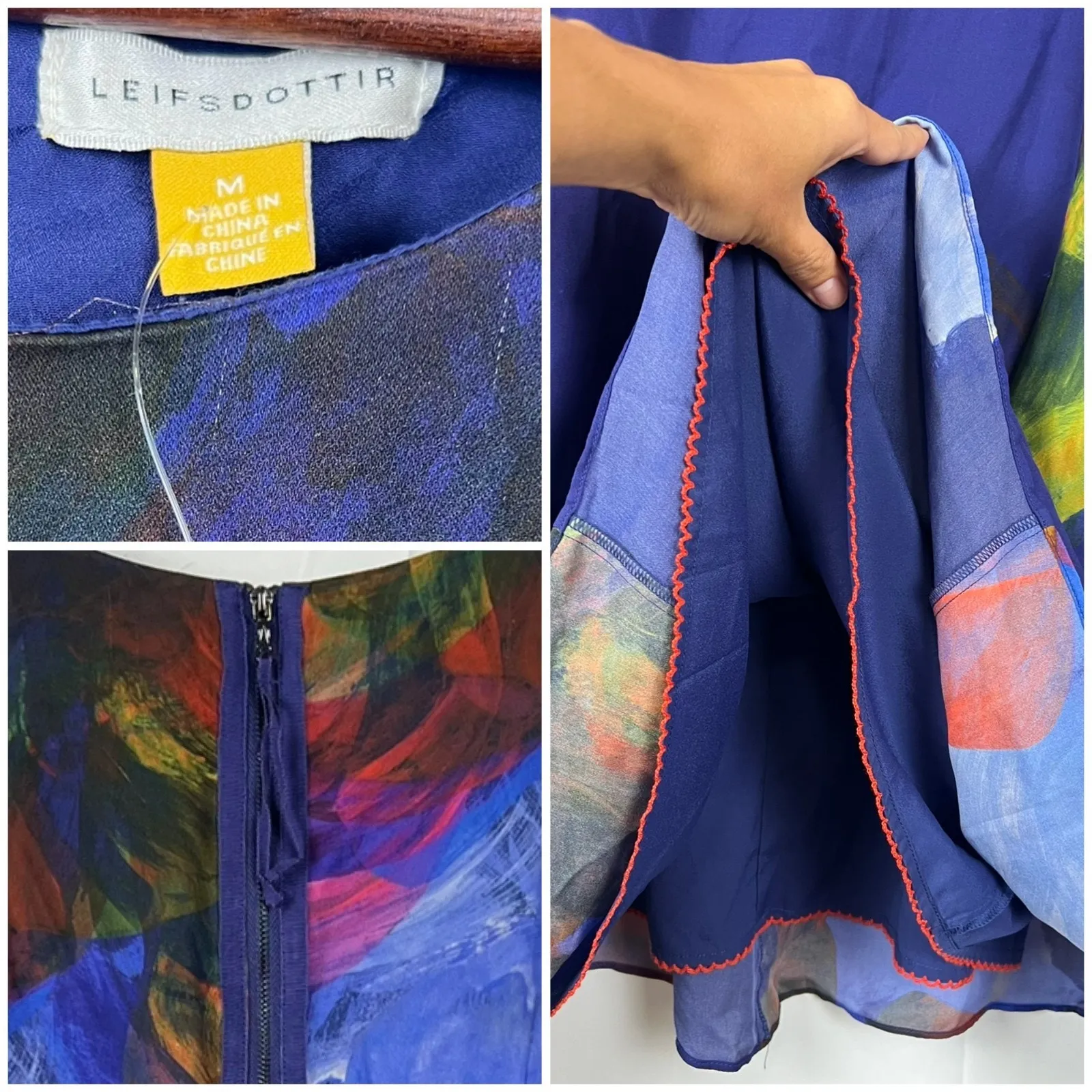 Anthropologie Leifsdottir Blue Silk Swing Dress Abstract Floral Back Zip M - Image 6