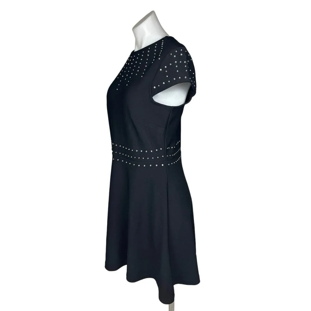 H&M Black Cap Sleeve Crew Studded Rhinestone A Line Fit & Flare Mini Dress Sz M - Image 3