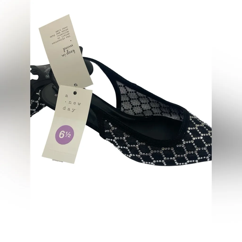 A New Day Women’s 6.5 Slingback Kitten Heels Black Mesh Rhinestone Pointed Toe - Image 6