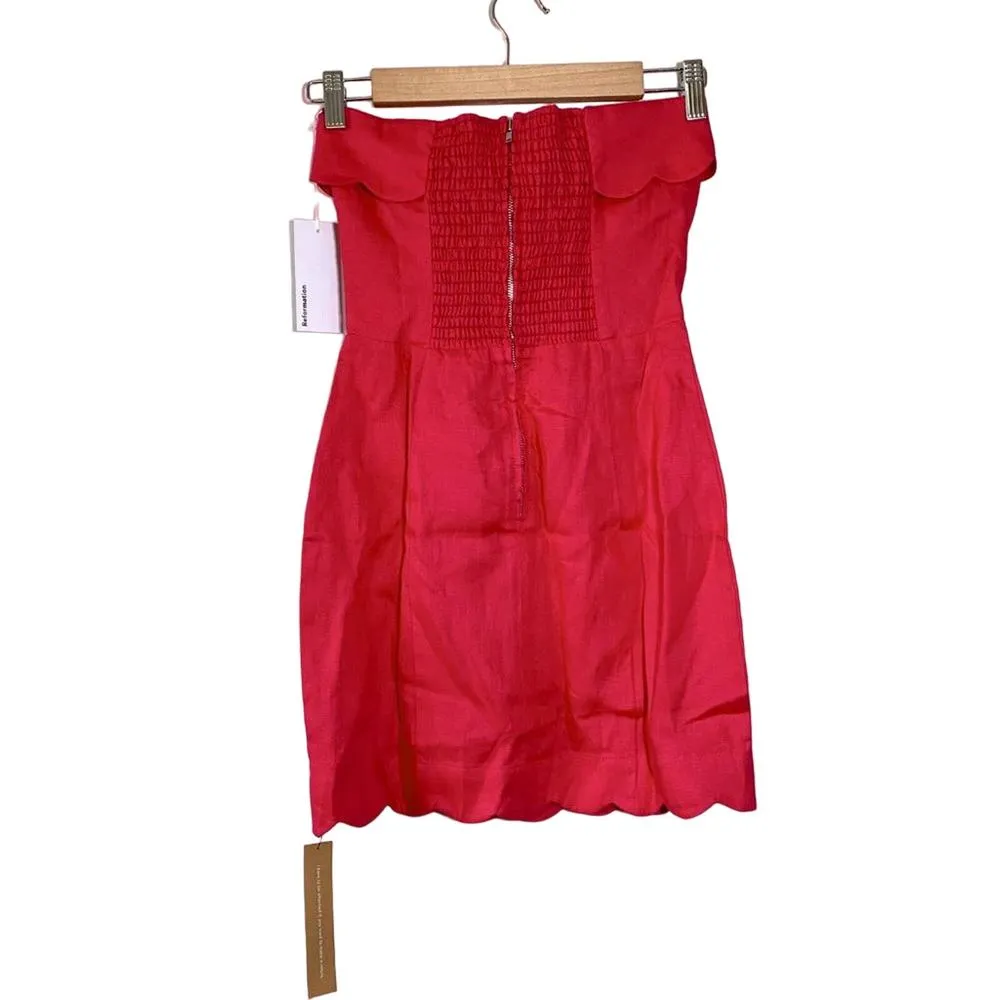 Reformation NEW Isles Linen Strapless Scalloped Mini Dress Corvette Pink Size 0 - Image 3