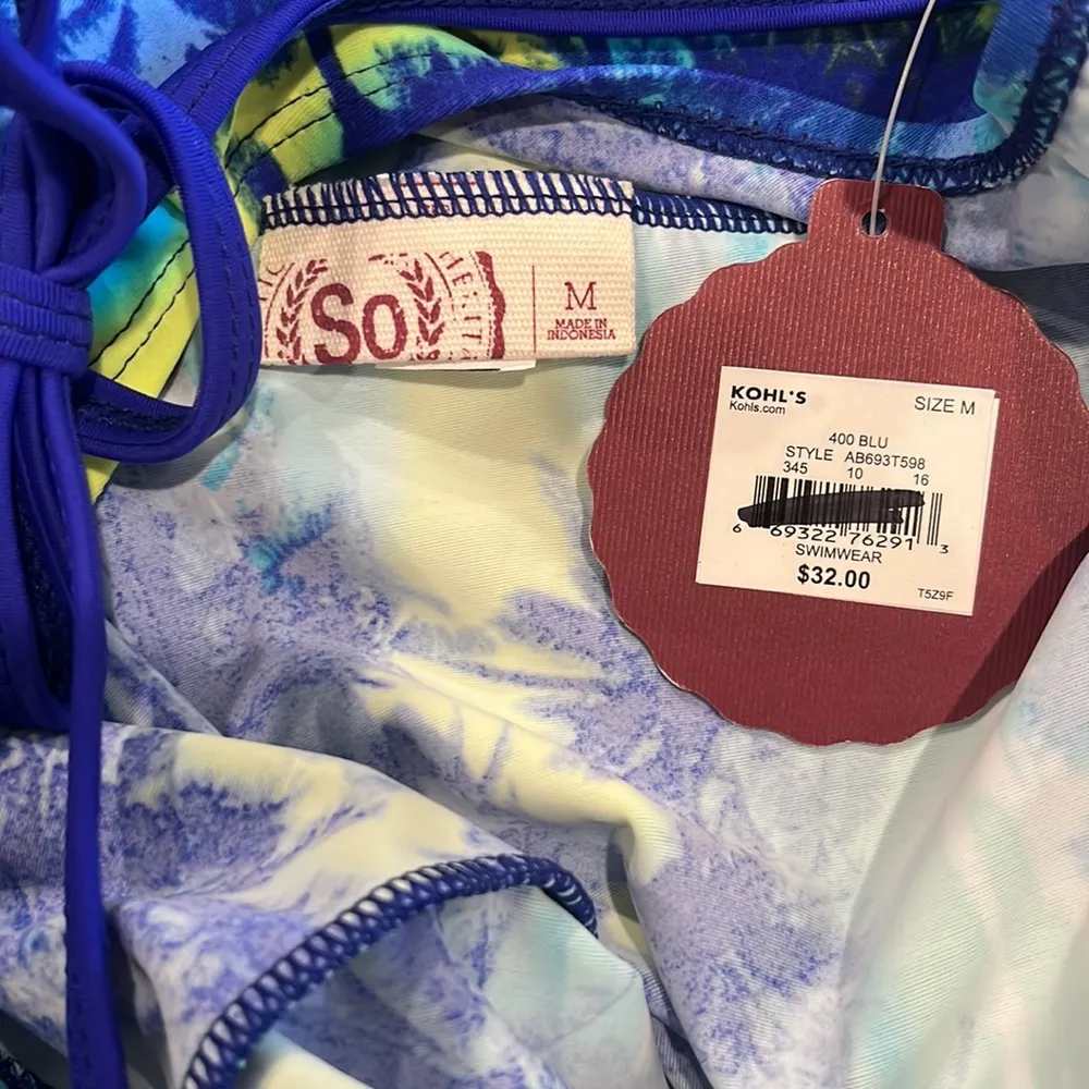 So Halter Tankini Swimwear Top Blue Yellow Hawaiian Print Sz M - Image 8