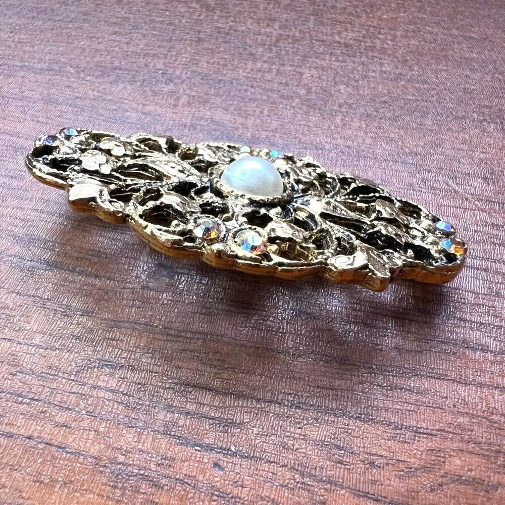 Pearl and Rhinestone Floral Brooch Pin Gold Tone - Image 4
