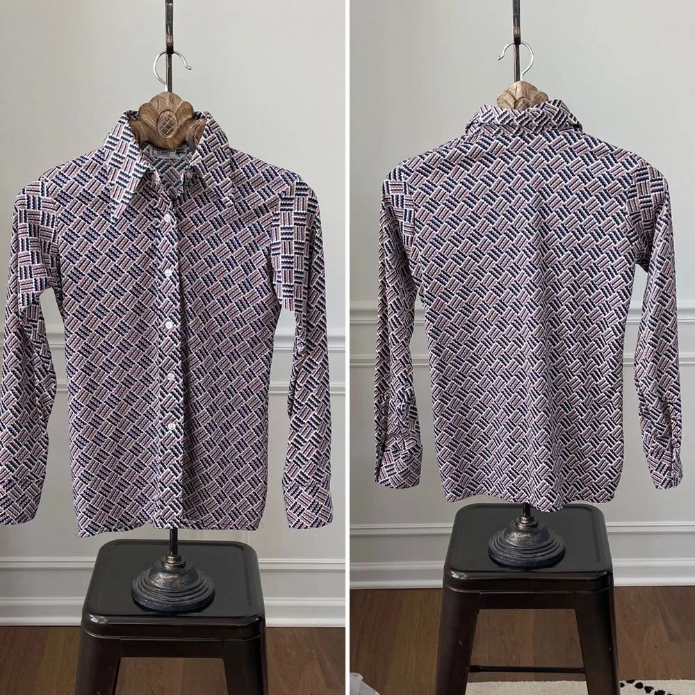 Vintage 70s Cricket Lane Brown Blue Dagger Collar Polyester Button Front Shirt Tan - Image 2