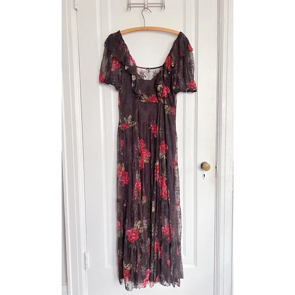 Free People • Hollis Dress maxi brown floral lace mesh Coca Cola tiered ruffle - Image 14