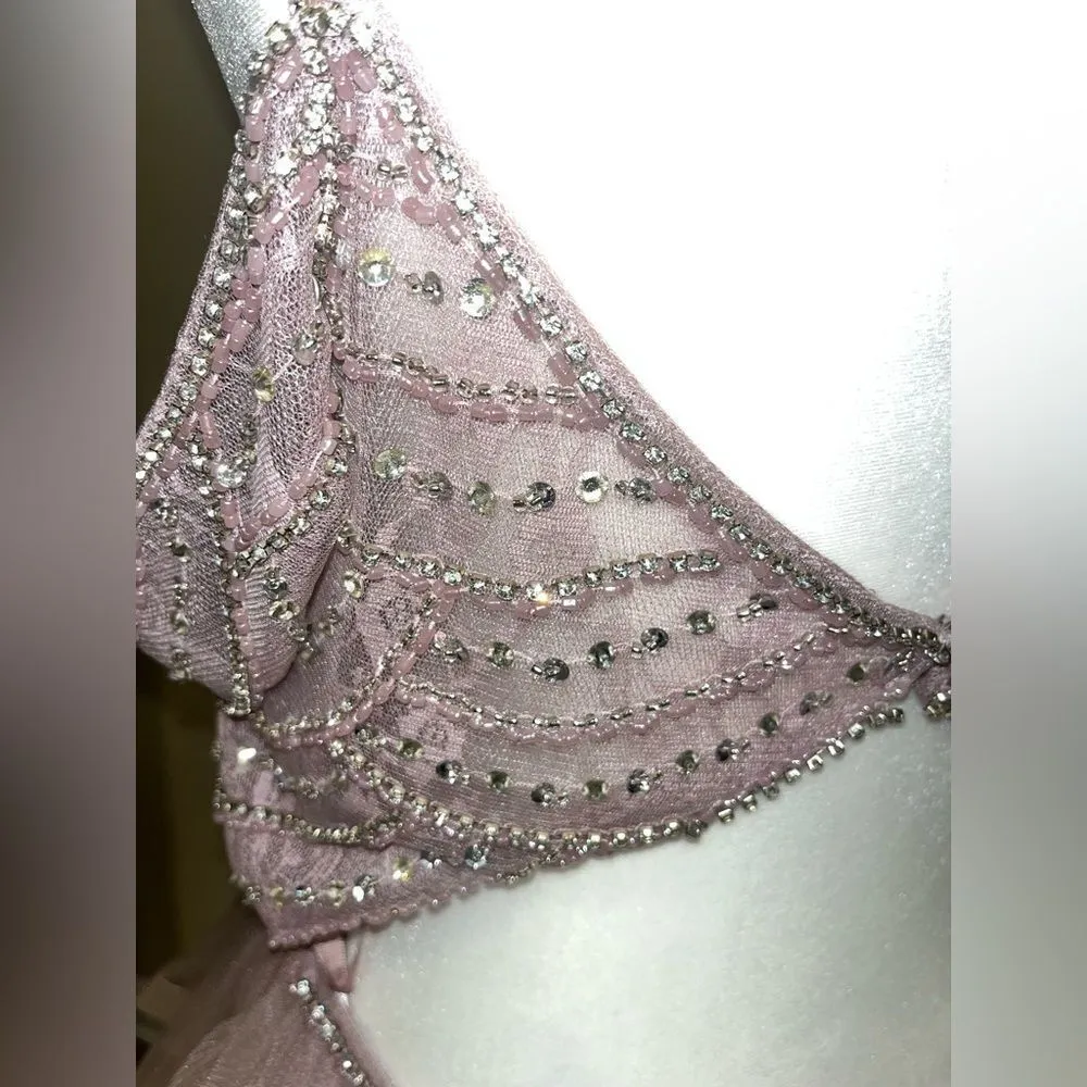 Aspeed Pink Ruffled Layered Off Shoulder Beaded Short Gown Semi-Open Back L - Image 10