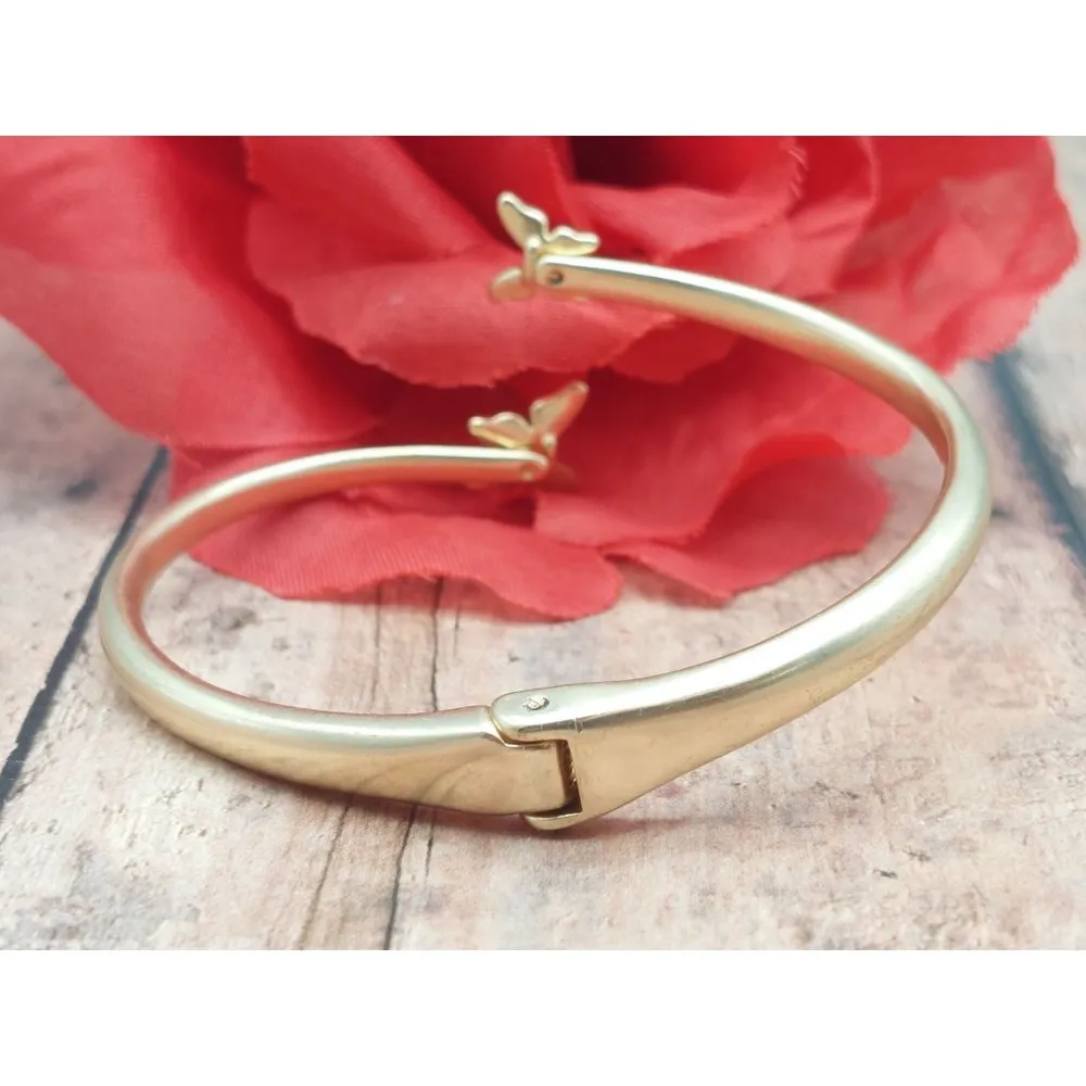 Lucky Brand Brushed Gold Tone Cuff Bangle Bracelet Hinged Butterflies Crystal - Image 6