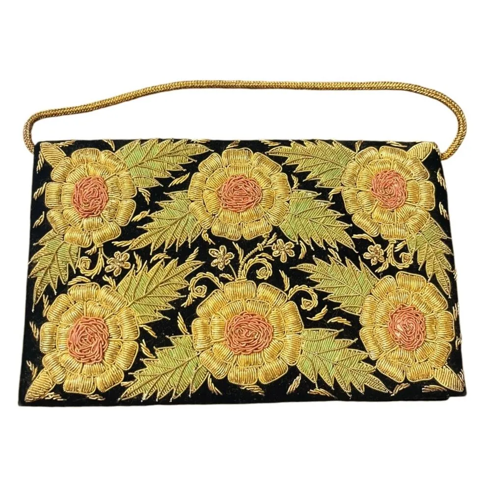 VINTAGE ZARDOZI Metal Embroidered Envelope Clutch Gold Black Velvet Handmade - Image 8