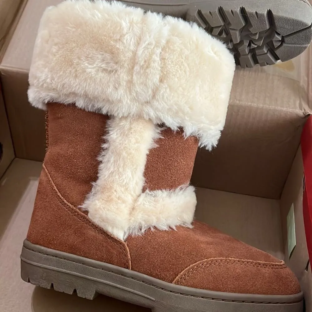 Suede Winter Boots Women’s 6 Chestnut Brown Cuffed Vegan Sherpa Fur - Image 5