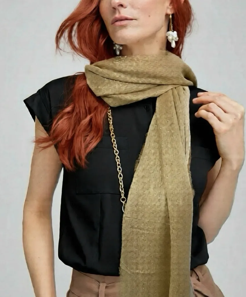 CHICOS Myra Scarf Gold Fringe Wrap Unique Yarn Fine Open Stitch Design New