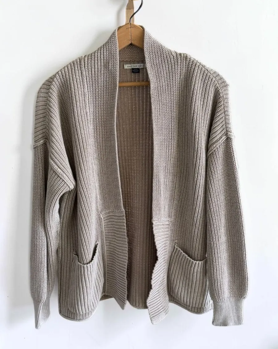 American Eagle Tan Beige Chunky Ribbed Knit Open Front Cardigan Sweater Small